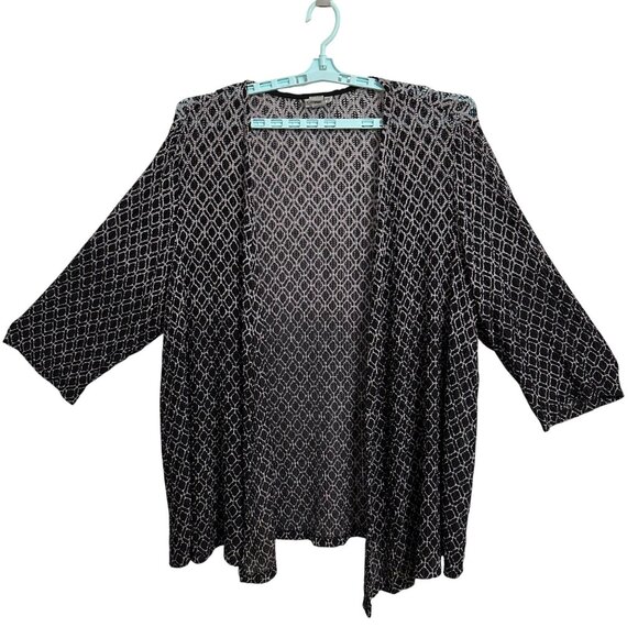 Catherines Womens Open Front Cardigan 3X Black/White Geometric Loose Weave Boho - Picture 2 of 7